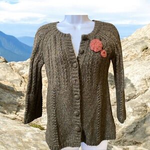 DKNY Brown 3/4 Sleeve Cardigan Mauve Rose & Leaf Accent-Size S